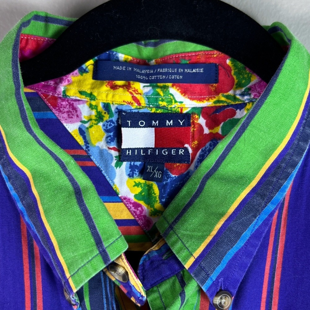 Vintage Tommy Hilfiger Striped Short Sleeve Shirt XL Multicolor Crest Logo 90s - Picture 4 of 6